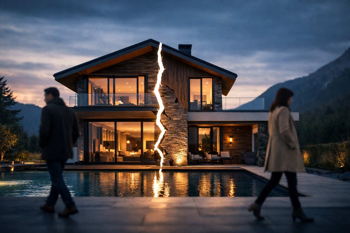 Villa contemporaine fendue par une fissure lumineuse, un homme et une femme s’éloignant chacun de leur côté