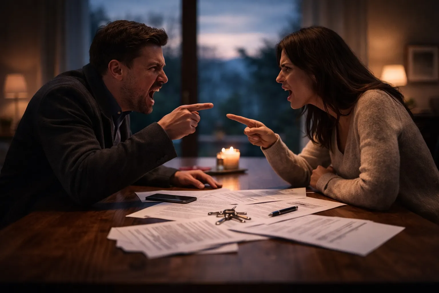 Couple en dispute autour de documents et de clés de maison posés sur une table