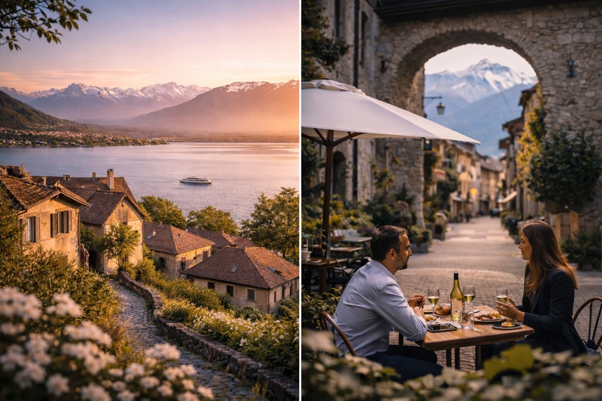 Village au bord d’un lac face aux montagnes enneigées, et couple dînant en terrasse dans une ruelle pavée