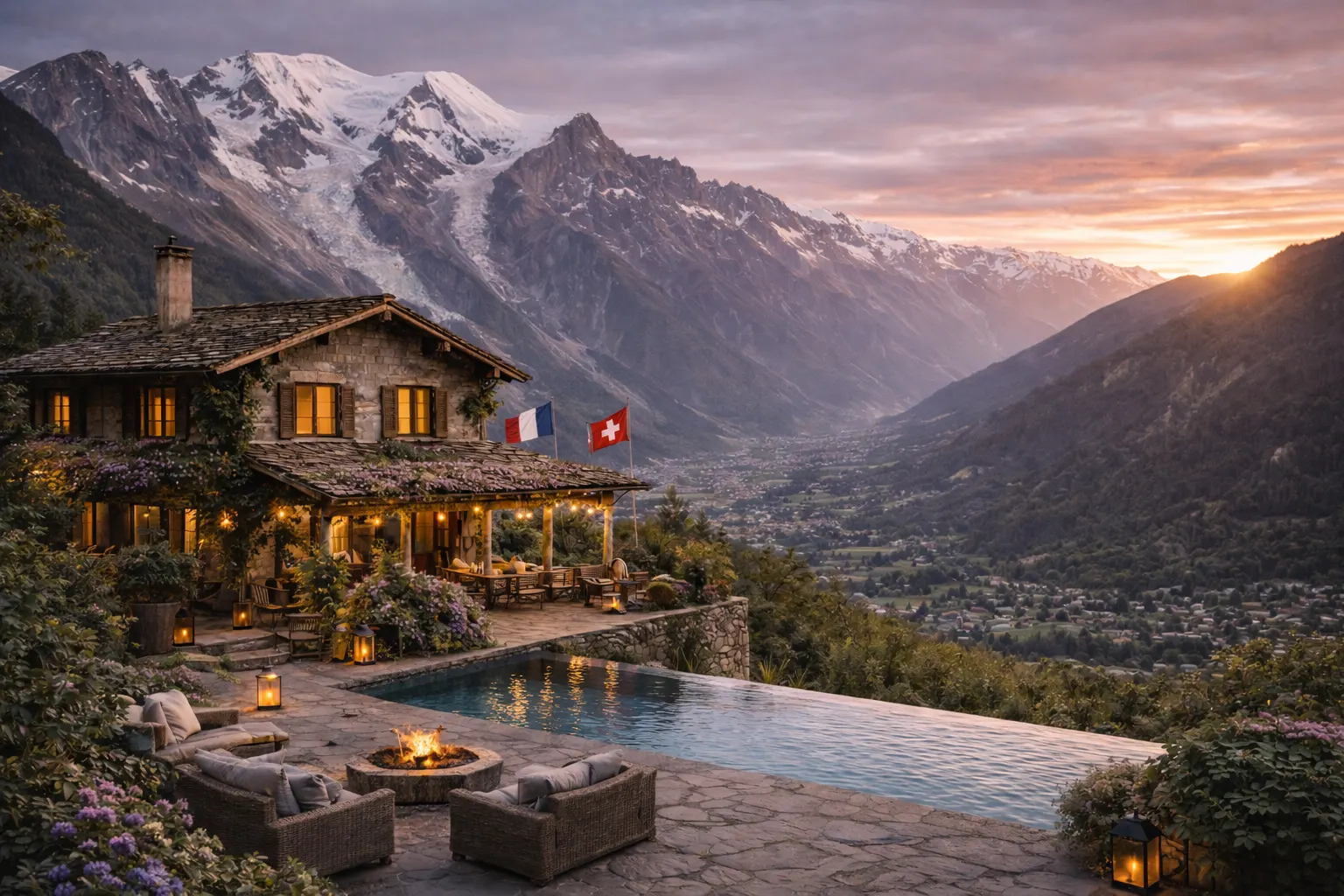 Maison en pierre avec piscine à débordement face à des montagnes enneigées, drapeaux français et suisse sur la terrasse