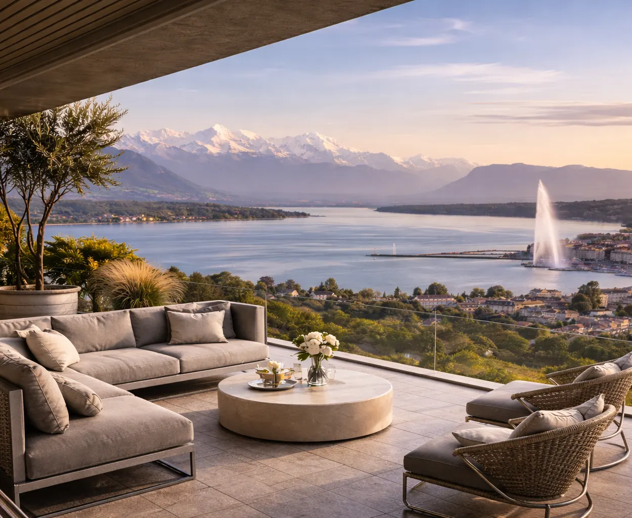 Terrasse avec salon extérieur dominant la rade de Genève et son jet d’eau, les Alpes enneigées au loin