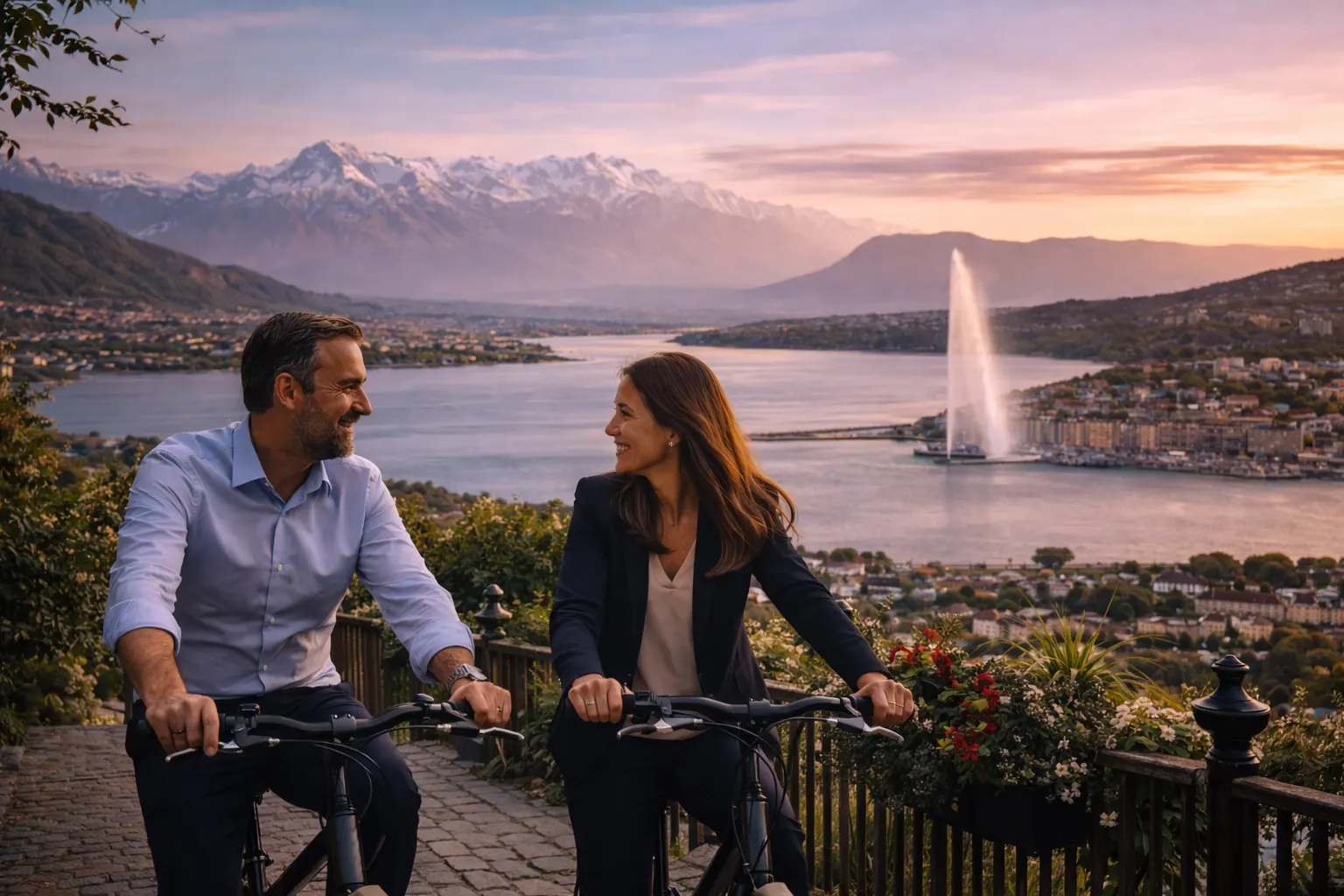 Couple à vélo sur une promenade qui surplombe le lac Léman et le jet d’eau de Genève, au coucher du soleil
