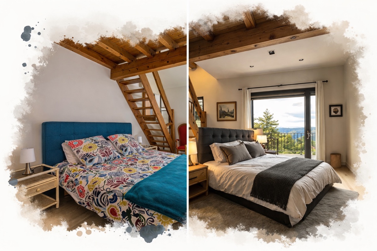 Chambre sous charpente montrée en deux versions, l’une avec une literie colorée, l’autre sobre avec vue sur la forêt