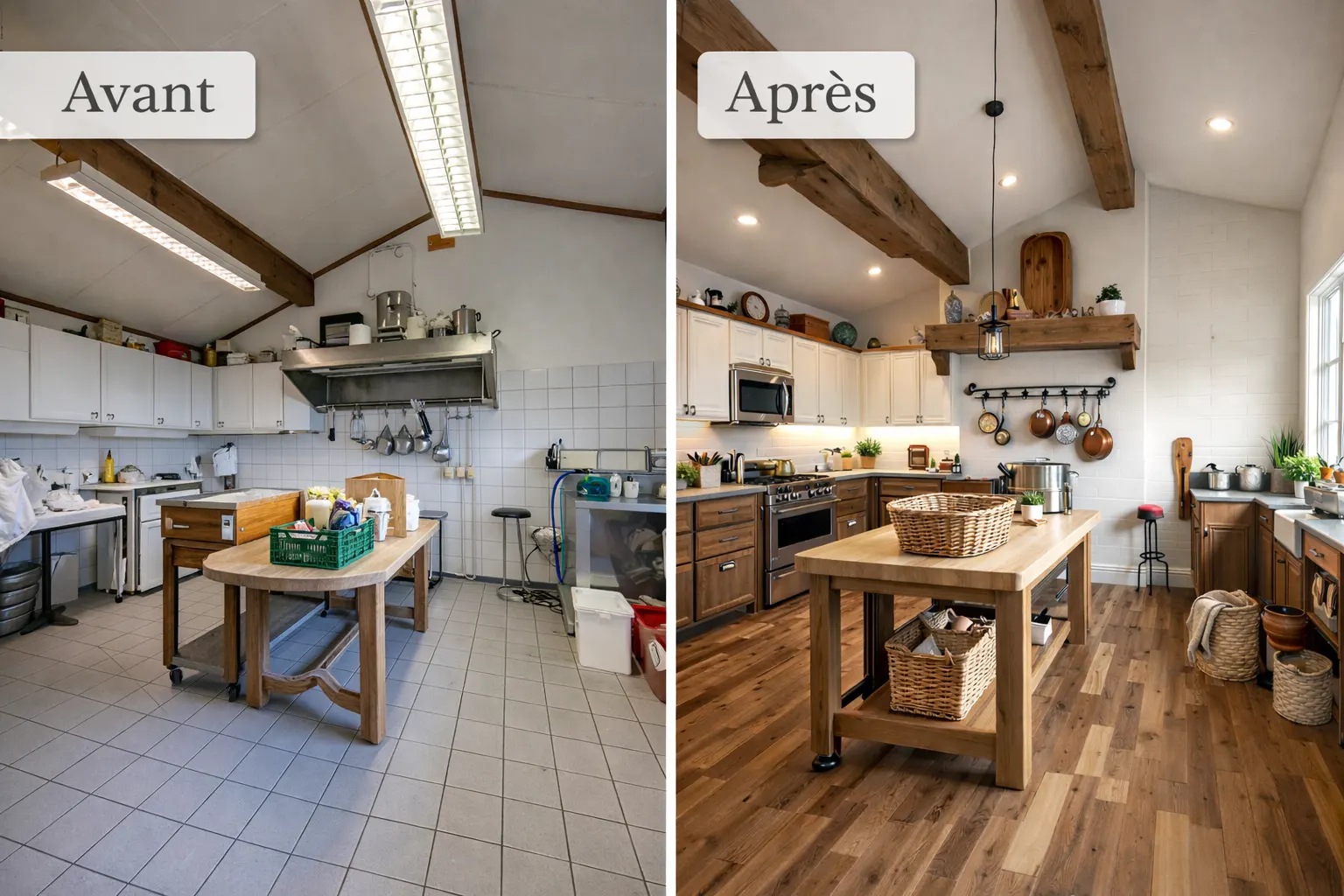 Même cuisine avant et après projection : pièce carrelée aux néons d’un côté, parquet, poutres apparentes et mobilier en bois de l’autre