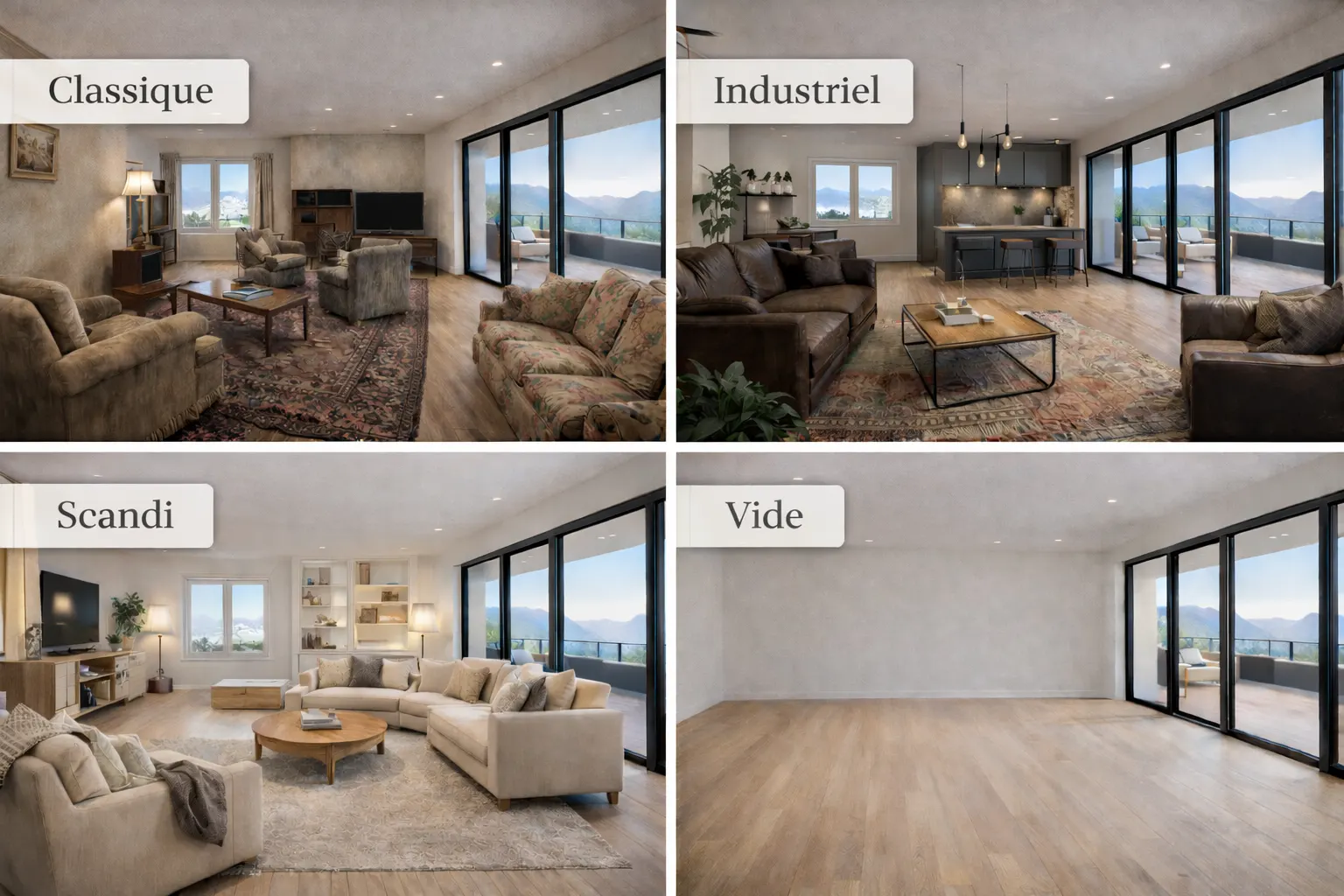 Même séjour avec baie vitrée montré en quatre versions : classique, industriel, scandinave et vide