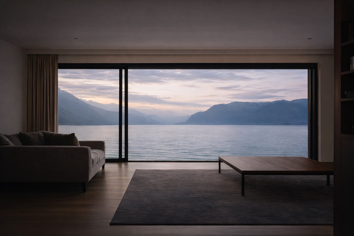 Salon sobre avec canapé et table basse, ouvert par une grande baie vitrée sur un lac bordé de montagnes