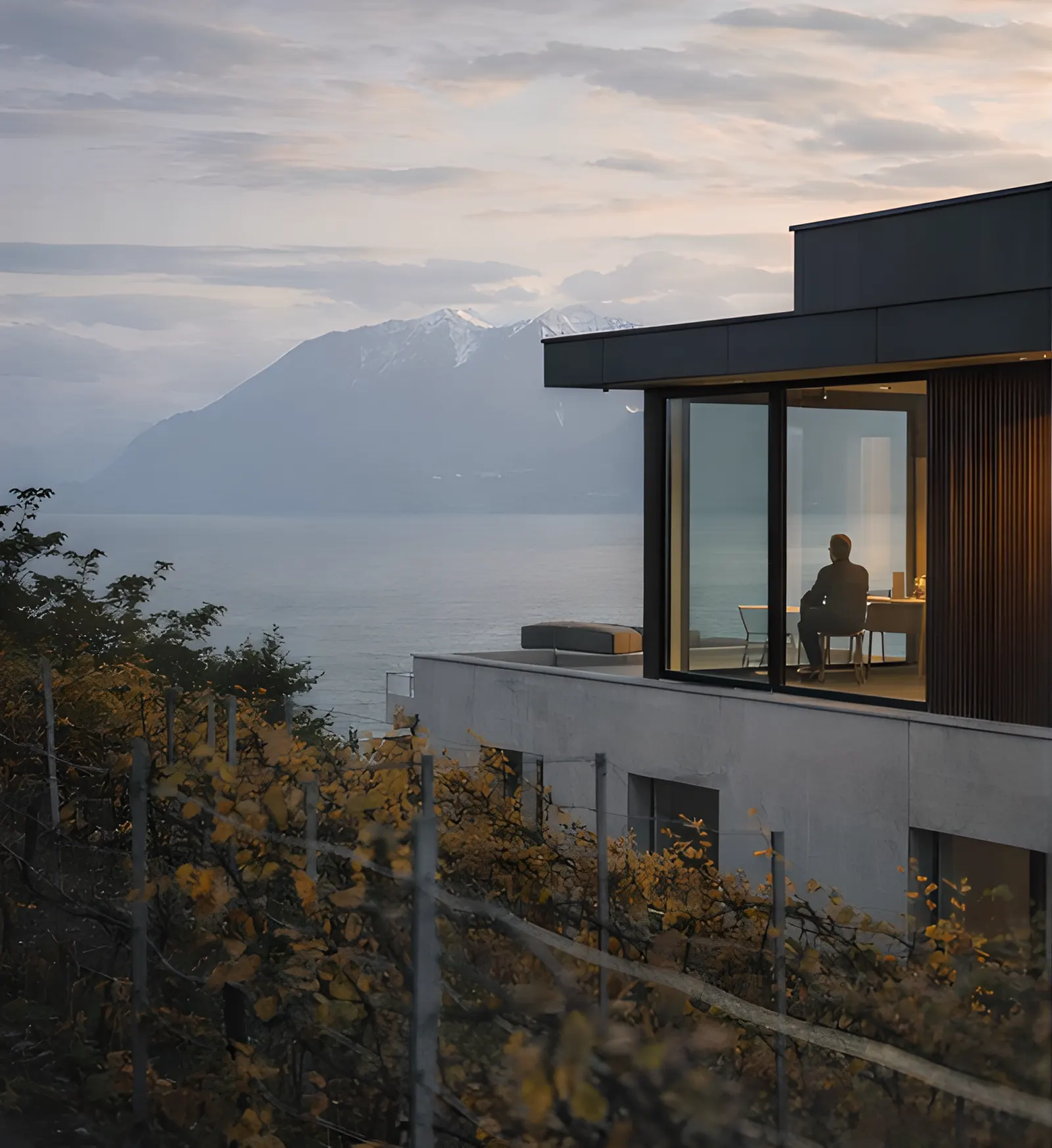 Maison contemporaine au-dessus des vignes, face au lac Léman, avec un homme assis derrière la baie vitrée