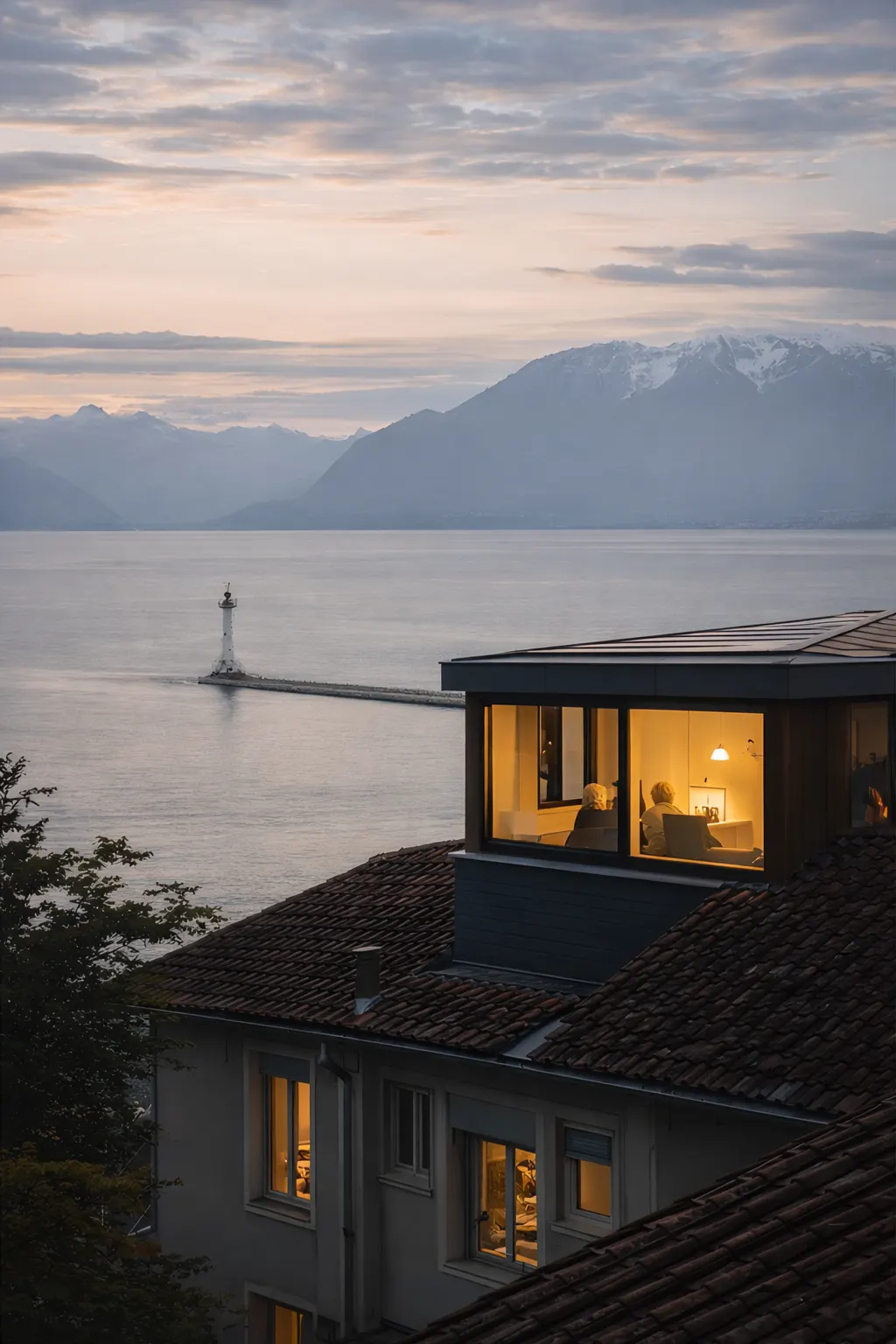 Maison éclairée au crépuscule au bord du lac Léman, face à un phare au bout d’une jetée