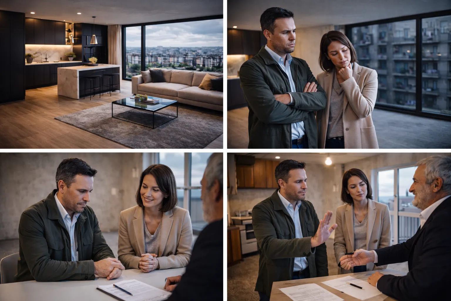 Couple hésitant lors de la visite d’un appartement rénové, puis discutant avec un agent sans signer