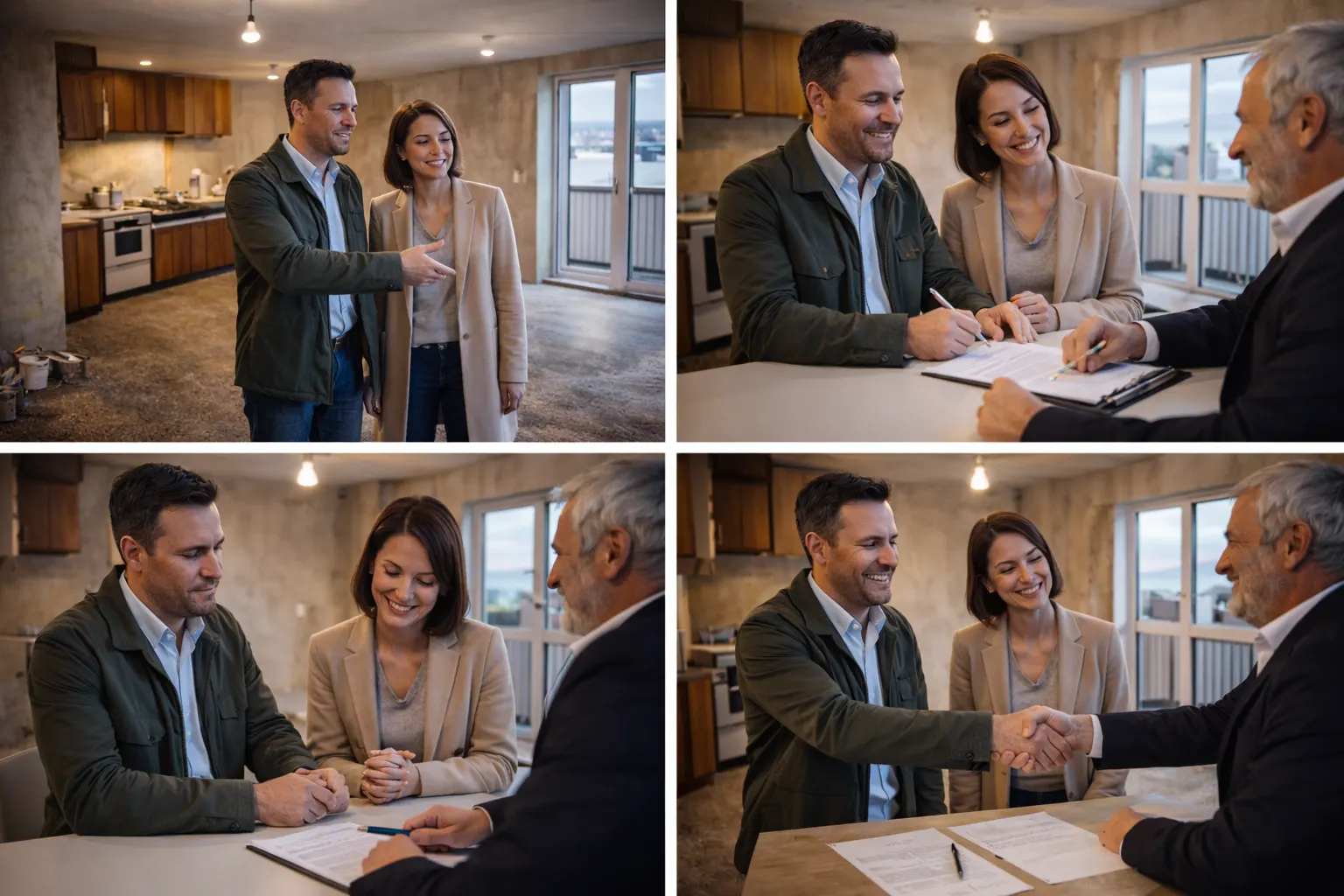 Couple visitant un appartement ancien à rénover, puis signant l’achat avec un agent