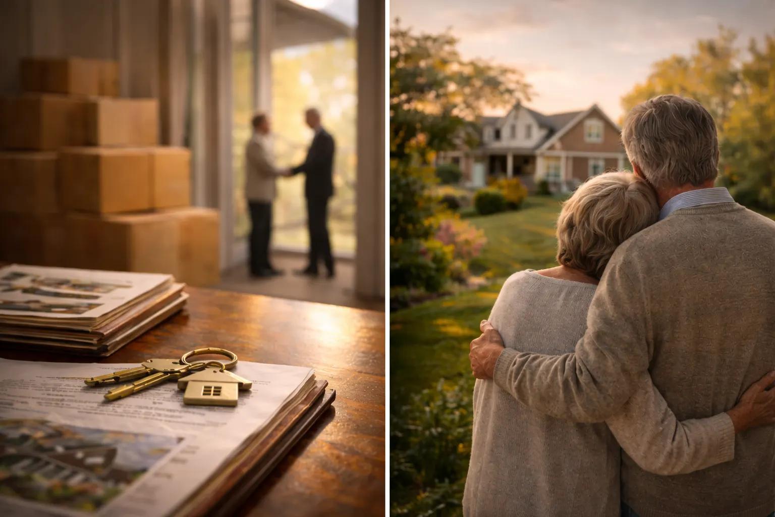 Poignée de main derrière des clés et des documents posés sur une table, et couple âgé enlacé devant sa maison familiale
