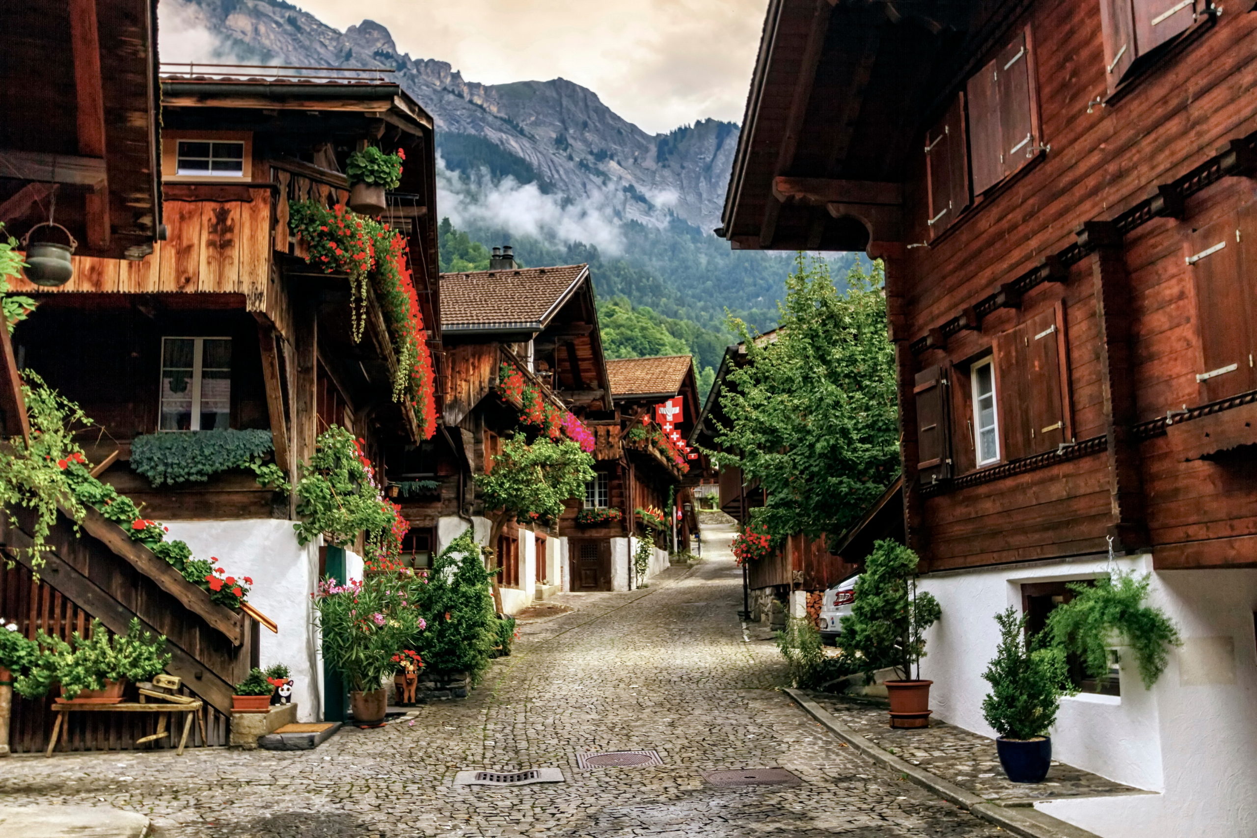 Vue pittoresque d’une ruelle bordée de chalets traditionnels en bois à Brienz, en Suisse, ornés de fleurs colorées, avec les montagnes alpines en arrière-plan.