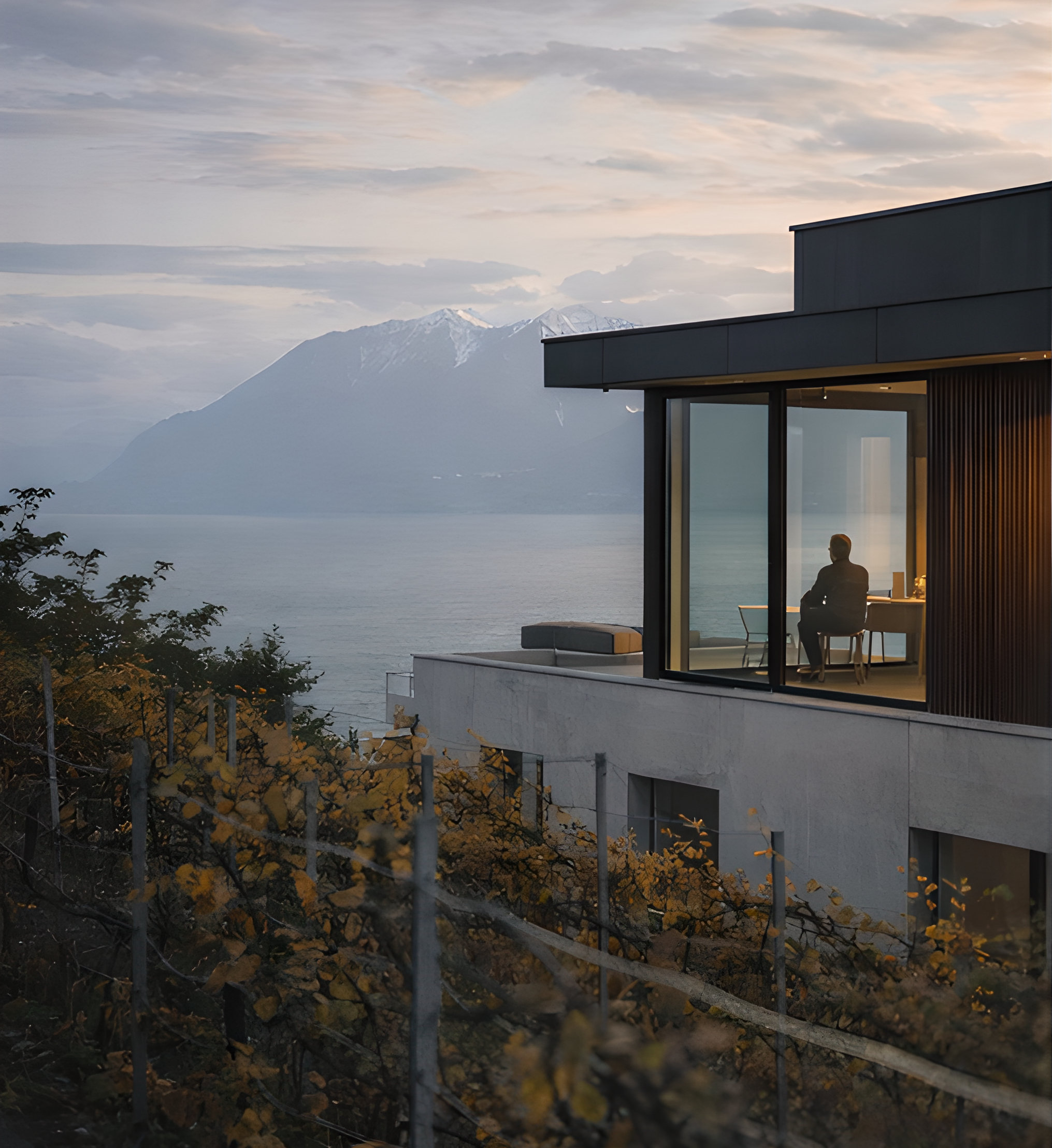 Maison contemporaine avec vue sur le lac Léman, entre Lausanne et Genève, illustrant la réflexion d’un propriétaire immobilier avant une décision de vente.