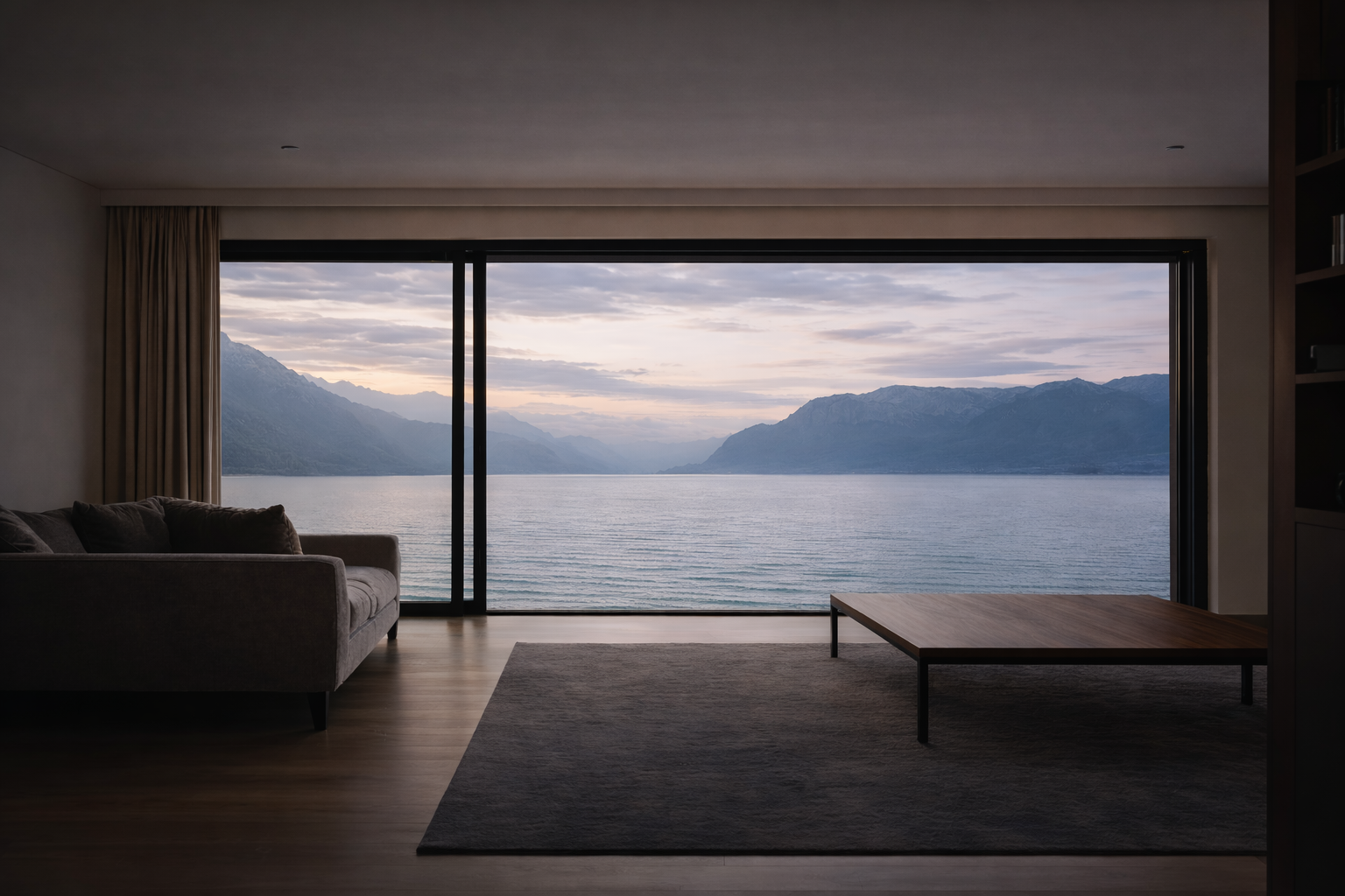 Appartement de standing avec vue panoramique sur le lac Léman et les Alpes, intérieur contemporain et grandes baies vitrées à Genève.
