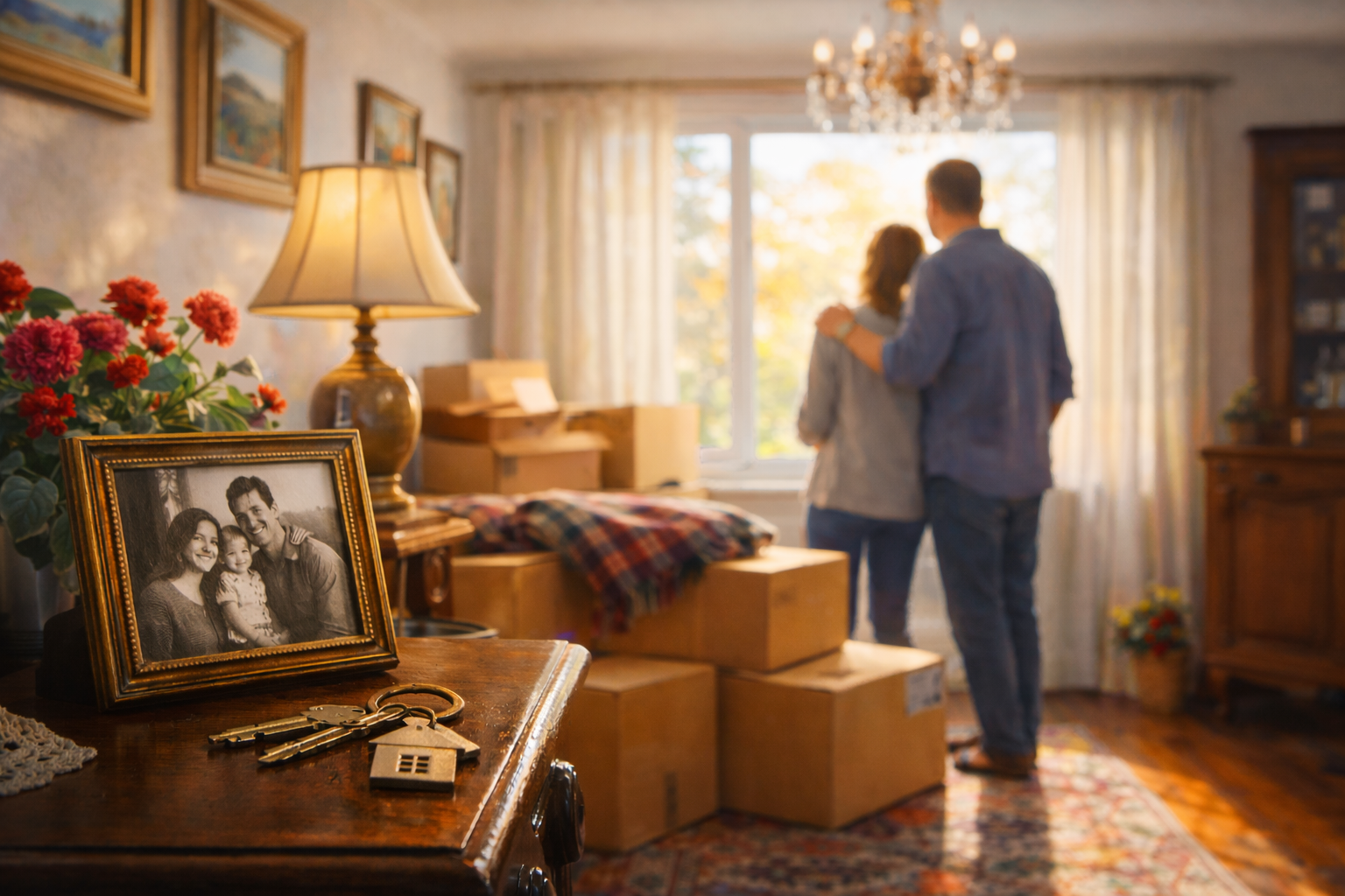 Intérieur d’une maison familiale lumineuse en région genevoise, symbolisant la vente d’un bien chargé d’émotions pour des propriétaires frontaliers entre la France et la Suisse.