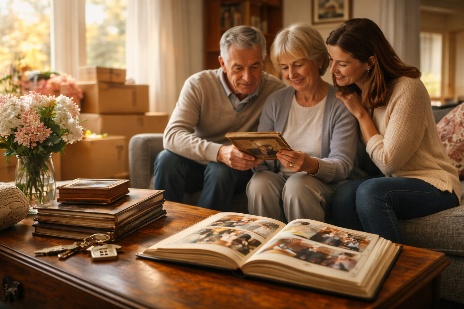 Famille dans une maison familiale près de Genève, évoquant l’attachement émotionnel avant la vente d’un bien immobilier.