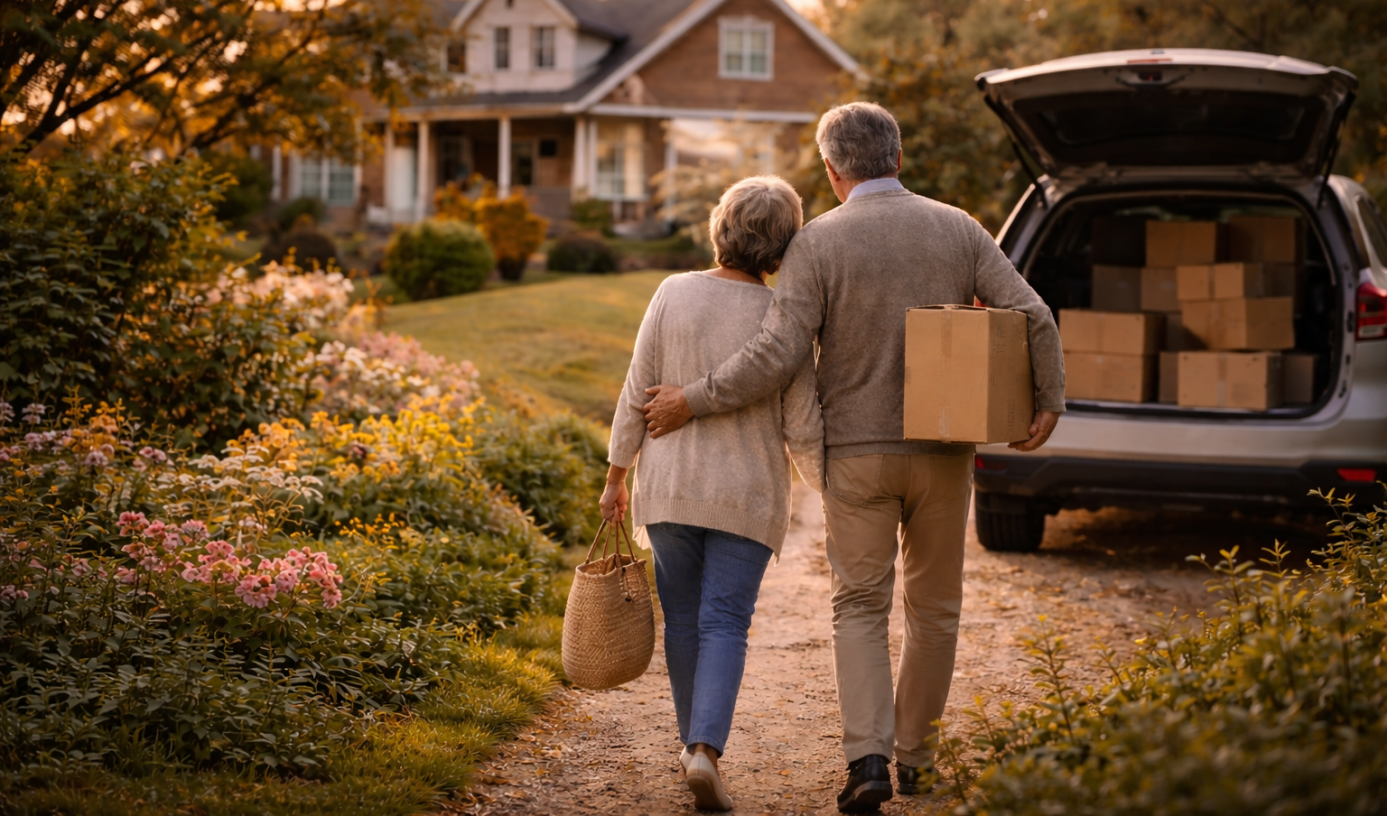 Couple senior marchant vers leur maison familiale au coucher du soleil, symbole d’une transition de vie et de la décision de vendre un bien chargé d’émotions dans la région genevoise.