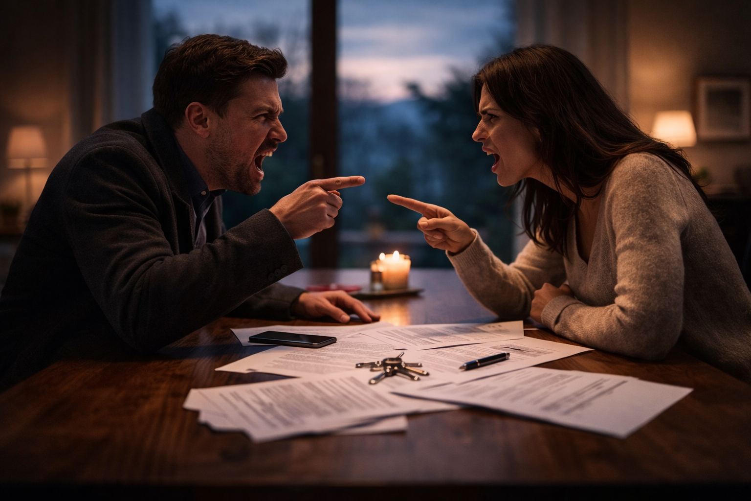 Couple en dispute autour de documents et clés de maison, illustrant un divorce et ses conséquences sur un bien immobilier.