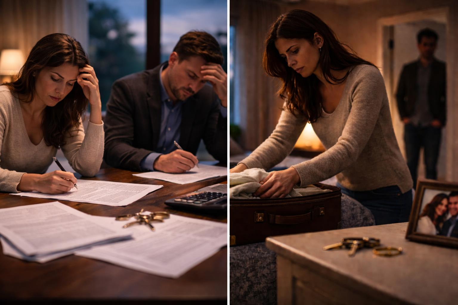 Couple signant des papiers de divorce puis femme quittant le domicile conjugal, illustrant l’impact du divorce sur la vente d’un bien immobilier.